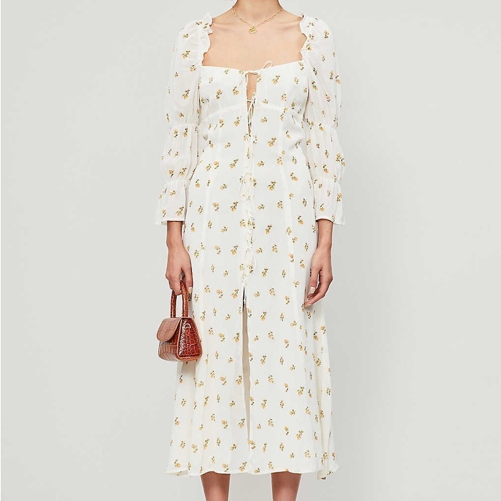 Reformation White Floral Midi Dress with Yellow Print